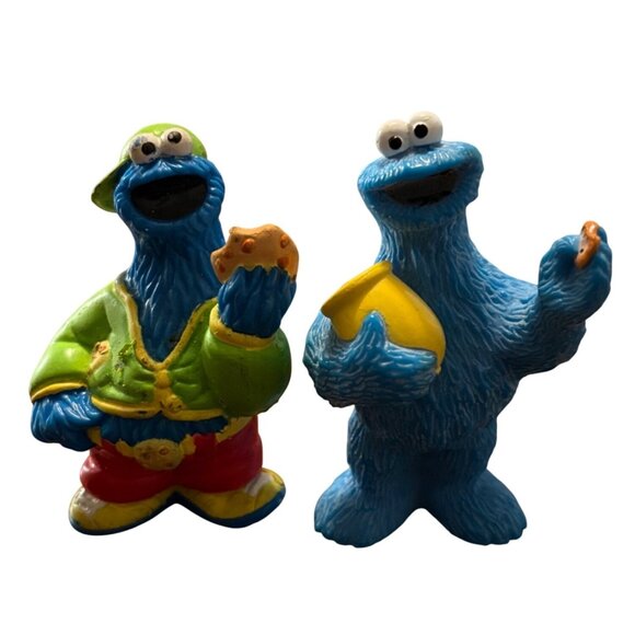 Vintage Cookie Monster Figurines Set Of 2 Sesame Street Collectibles Blue Plasti - Picture 1 of 4